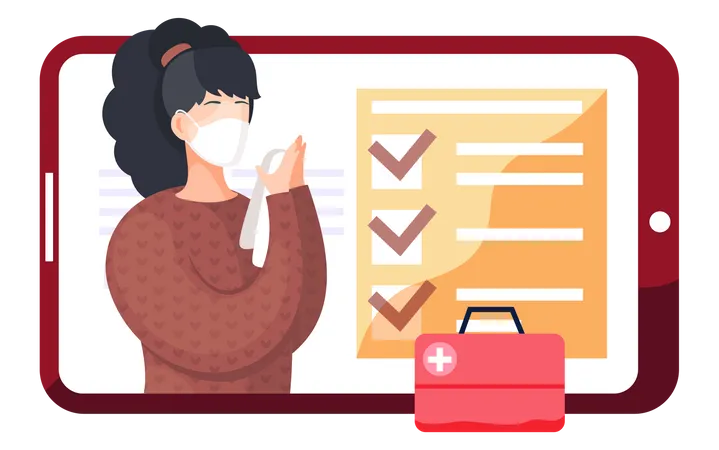 Tablet Screen With A Picture Of A Masked Girl A Marked Checklist And A Red First Aid Kit Photo Of A Woman During The Quarantine With A Napkin In Her Hands Preventing The Spread Of A Disease Illustration
