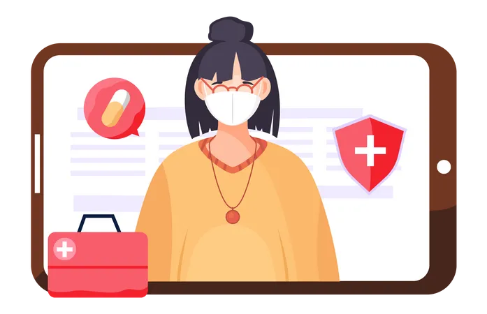Tablet Screen With A Picture Of A Masked Girl A First Aid Kid Cross And Pill Icons Photo Of A Woman During The Quarantine With Text On The Background Preventing The Spread Of A Disease Concept Illustration