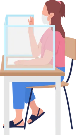 Girl in mask sitting on chair in mirror partition in school table during covid Illustration