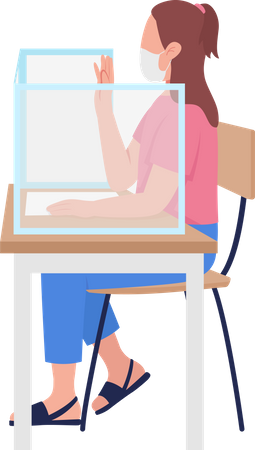 Girl in mask sitting on chair in mirror partition in school table during covid  Illustration