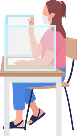 Girl in mask sitting on chair in mirror partition in school table during covid  Illustration