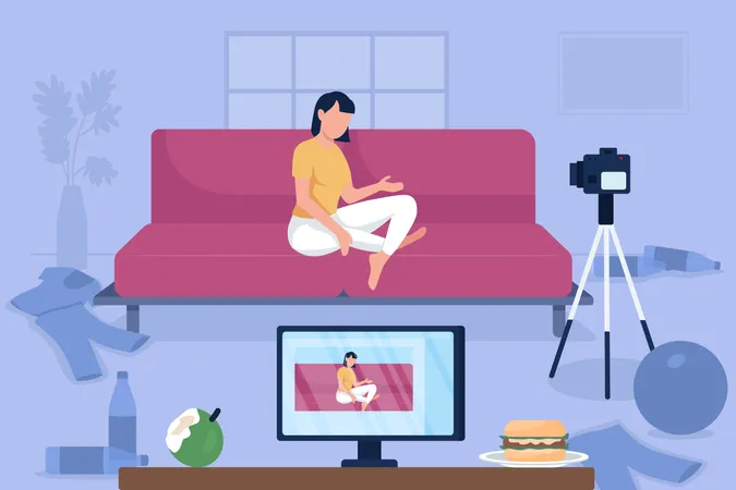 Girl In Messy Room Flat Color Vector Illustration Disorder In Bloggers Home Unhealthy Lifestyle Recording Video Influencer 2 D Cartoon Character With Dirty Clothing On Floor On Background Illustration