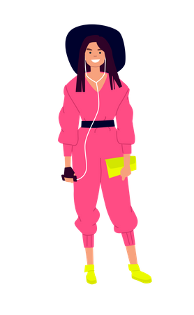 Girl in modern clothes listening to songs Illustration