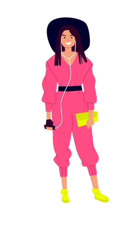 Girl in modern clothes listening to songs Illustration