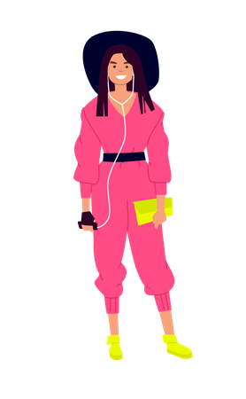 Girl in modern clothes listening to songs  Illustration