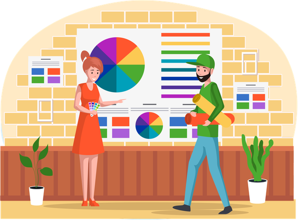 Girl in office of publishing and printing choose print color on palette  Illustration