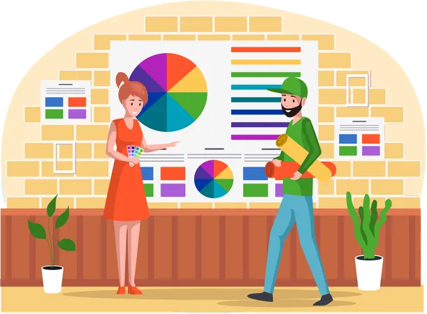 Girl in office of publishing and printing choose print color on palette  Illustration