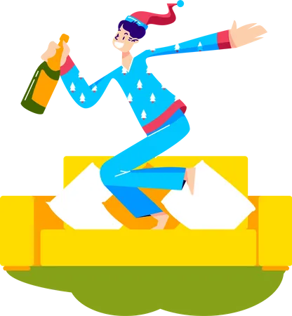 Girl in pajama drinking champagne from bottle Illustration