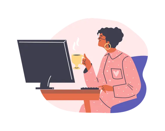 Girl in pajamas with cup of hot drink working at computer  Illustration