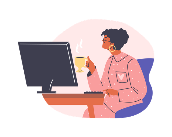 Girl in pajamas with cup of hot drink working at computer  Illustration