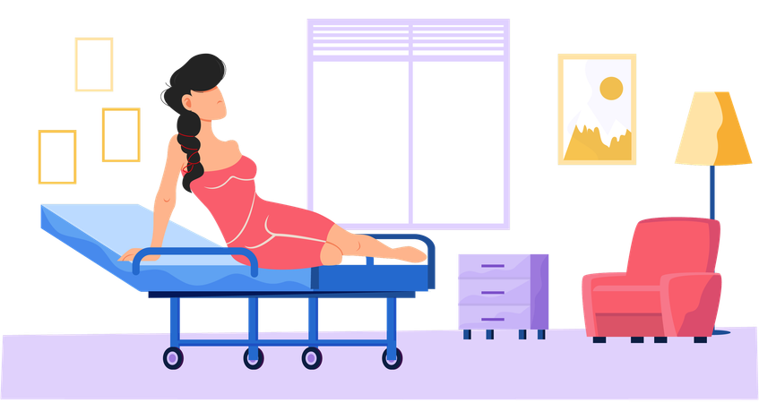 Girl in pink dress resting in medical recreation hall  Illustration