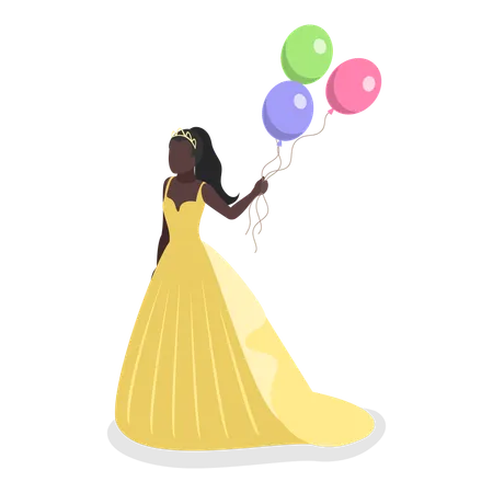 Girl in Princess costume holding balloons  Illustration