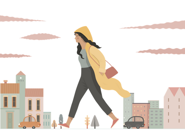 Girl in raincoat walking on street Illustration