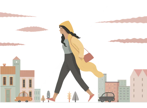 Girl in raincoat walking on street  Illustration