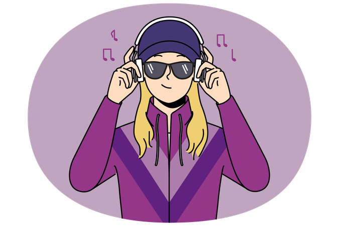 Girl in retro clothes listen to music in headphones  Illustration