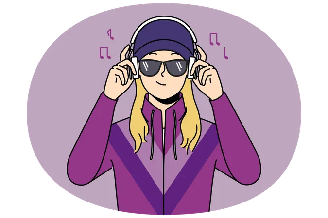 Girl in retro clothes listen to music in headphones  Illustration