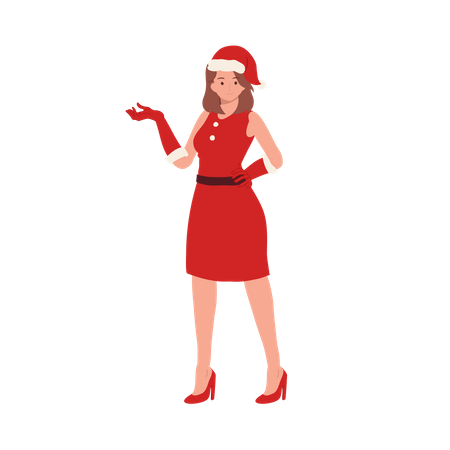 Girl in Santa Claus Outfit showing something left  일러스트레이션