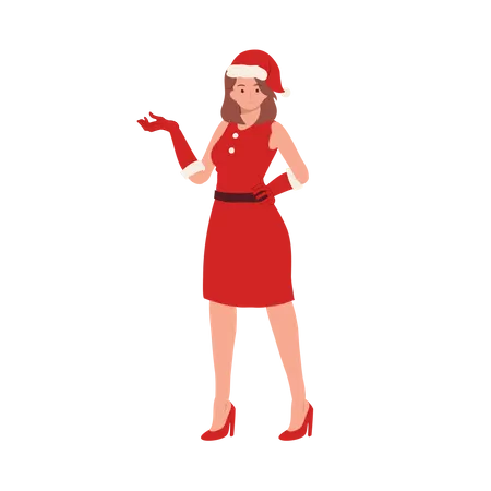 Girl in Santa Claus Outfit showing something left  Illustration