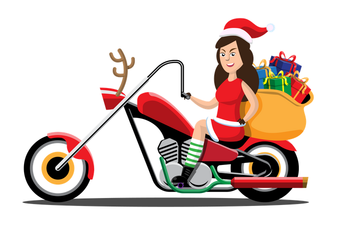 Girl in Santa clothes driving bike to deliver Christmas presents Illustration