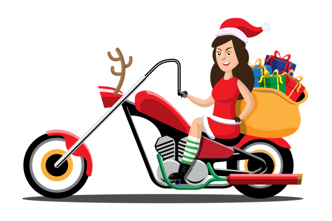 Girl in Santa clothes driving bike to deliver Christmas presents  Illustration