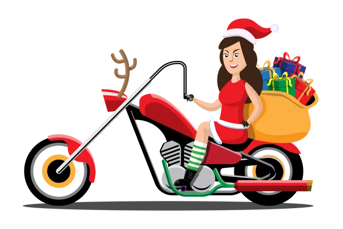 Girl in Santa clothes driving bike to deliver Christmas presents  Illustration