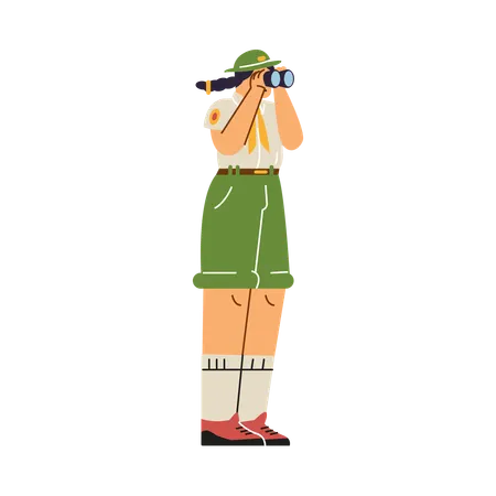 Girl in scout uniform looking through binoculars  Illustration