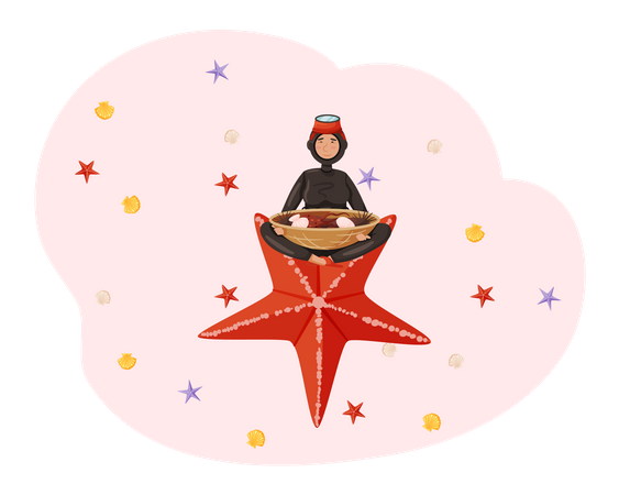 Girl in scuba suit with national dish of Jeju made of seafood sitting on large starfish Illustration