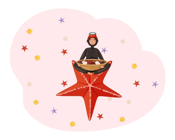 Girl in scuba suit with national dish of Jeju made of seafood sitting on large starfish Illustration