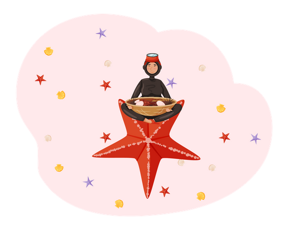 Girl in scuba suit with national dish of Jeju made of seafood sitting on large starfish  Illustration