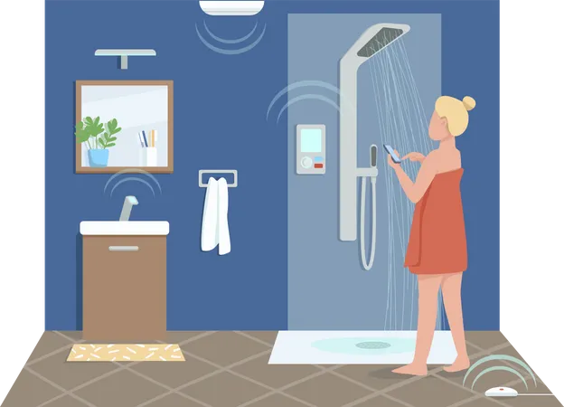 Girl In Smart Bathroom Flat Color Vector Faceless Character Young Woman Controlling Shower Remotely Internet Of Things Technology Control Cartoon Illustration For Web Graphic Design And Animation イラスト