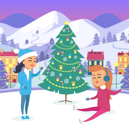 Little Sitting Smiling Girl And Female Person In Snow Maiden Suit Near Decorated Christmas Tree On Urban Icerink Vector Illustration Of Celebrating New Year And Spending Xmas Winter Holidays Outdoors Illustration