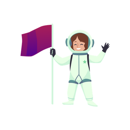 Girl in spacesuit holding flag  Illustration