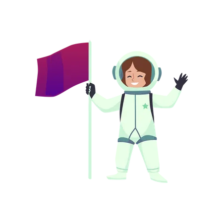 Cosmonaut Girl In A Spacesuit Holding A Flag A Child In A Space Suit Raised His Hands Up Respectfully Holding A Flag In His Hand Cartoon Style Illustration