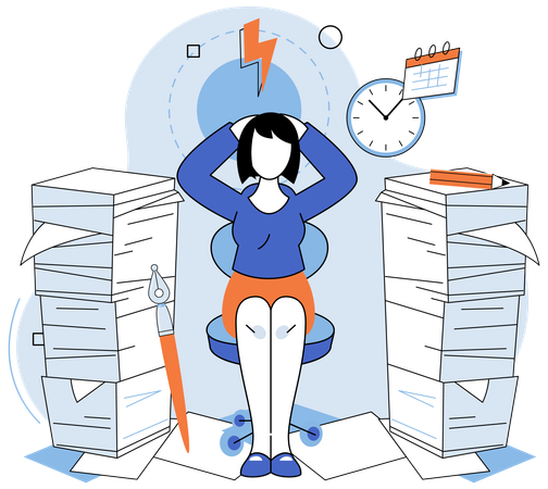 書類仕事の過重労働でストレスを抱える少女  イラスト