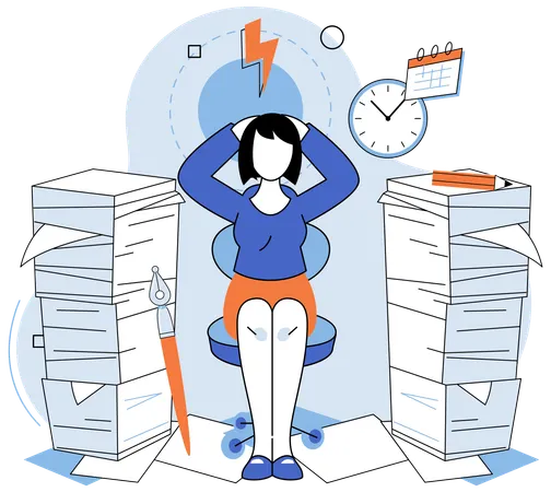 書類仕事の過重労働でストレスを抱える少女  イラスト