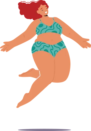 Energetic Confident And Joyful A Plump Woman Jumps In Her Swimsuit Embracing Body Positivity And Radiating A Carefree Spirit Happy Oversize Female Character Cartoon People Vector Illustration Illustration