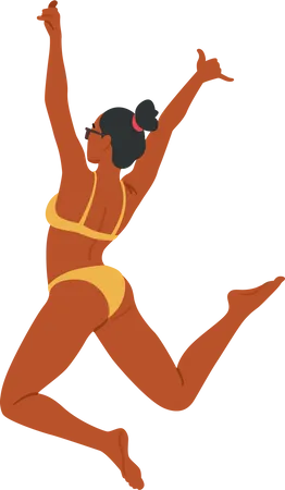 Joyful Tanned Woman Leaping In A Vibrant Swimsuit Rear View Radiating Happiness And Embracing The Carefree Spirit Of Summer Young Slender Female Character Cartoon People Vector Illustration Illustration