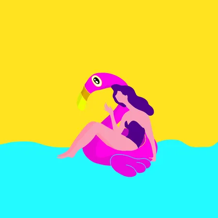 Girl In The Pool At The Pink Flamingo Summer Time Illustration Card With Girl Swimming On Pink Flamingo Float Vector Illustration
