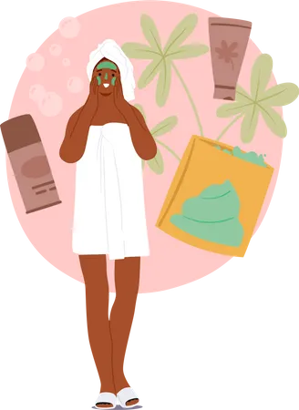 Girl In Towel Applies Natural Face Mask Enhancing Skin Radiance Carefully Chosen Ingredients Cleanse And Nourish Leaving A Refreshed And Revitalized Complexion Cartoon People Vector Illustration Illustration