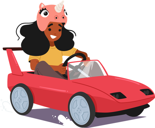 Girl In Unicorn Helmet and Drives Sports Pedal Car  Illustration