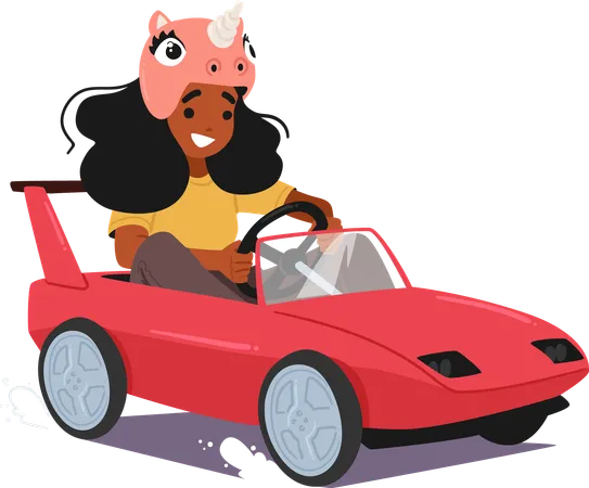 Girl In Unicorn Helmet and Drives Sports Pedal Car  Illustration