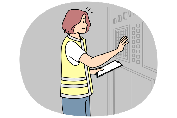 Girl in uniform adjusts industrial equipment on control panel  Illustration