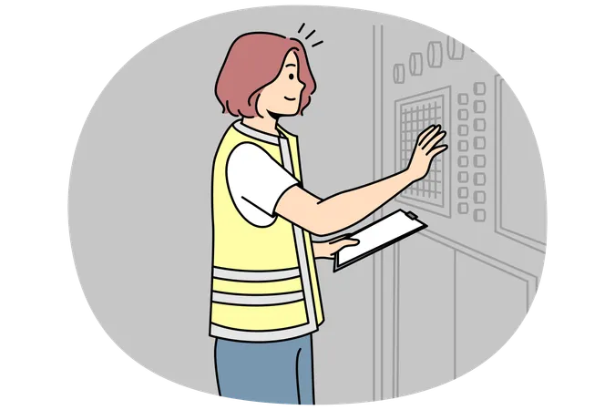 Girl in uniform adjusts industrial equipment on control panel  Illustration