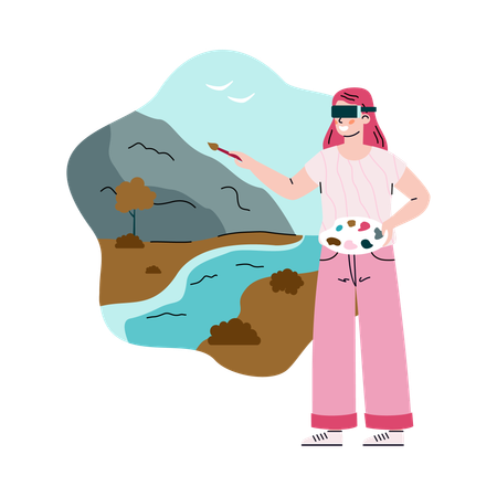 Girl in vr glasses draws picture in virtual reality  Illustration