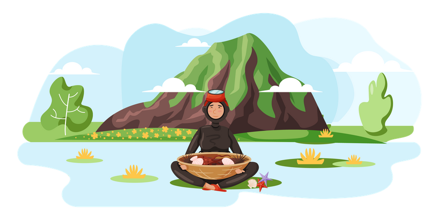 Girl in wetsuit near mountains Illustration