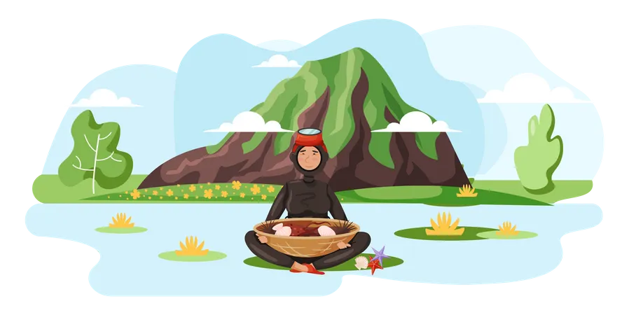 Landscape Of Jeju Island In South Korea Traditional Elements Woman In Scuba Suit Holds Large Bowl Of Seafood National Dish Of Island Girl In Wetsuit Near Mountains Body Of Water And Nature Illustration
