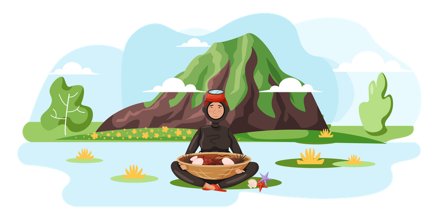 Girl in wetsuit near mountains  Illustration