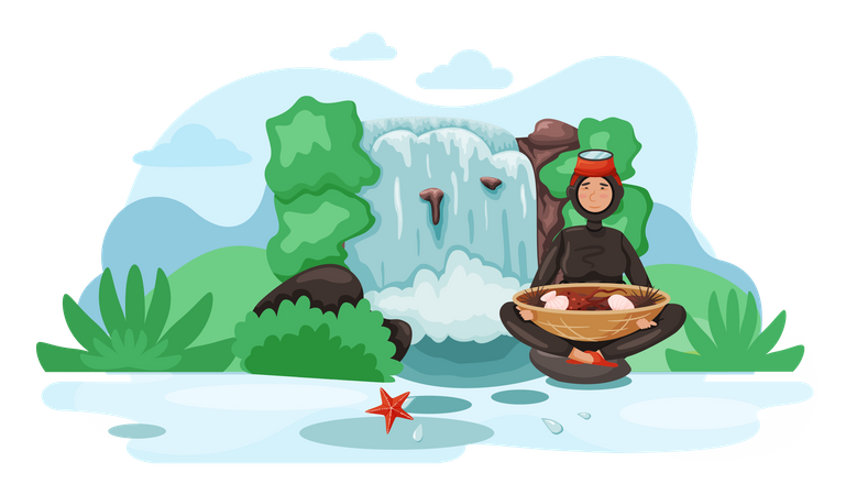 Girl in wetsuit near waterfall  Illustration