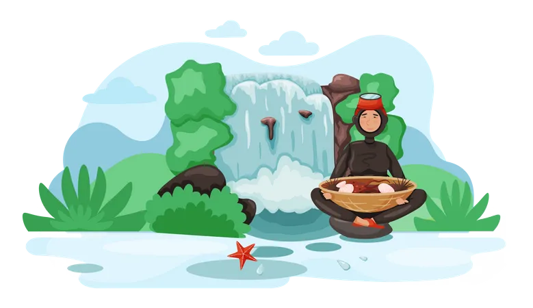 Girl in wetsuit near waterfall  Illustration