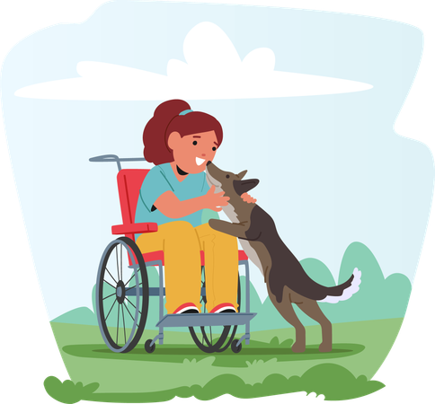 Girl In Wheelchair With Service Dog  Illustration